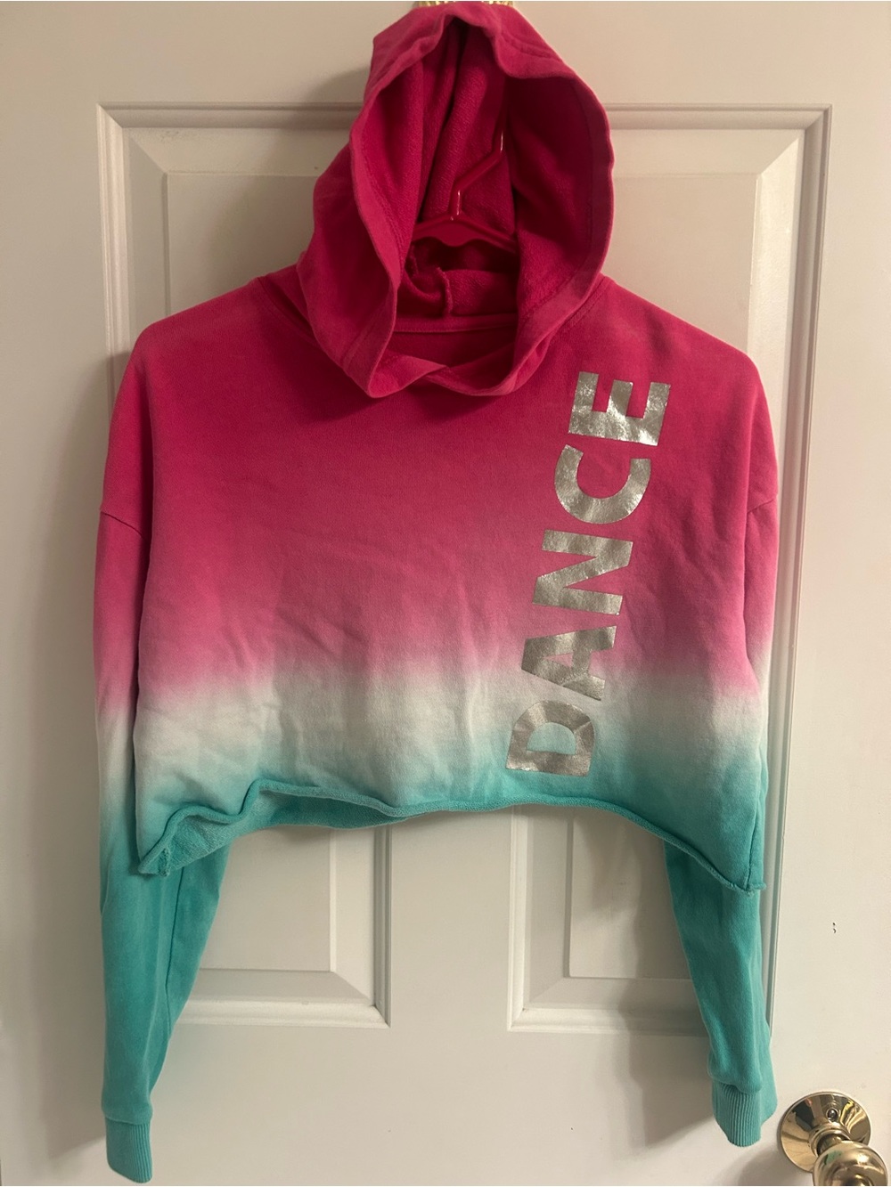 balera Pink to Teal Ombre Hooded Dance Top with Silver Lettering